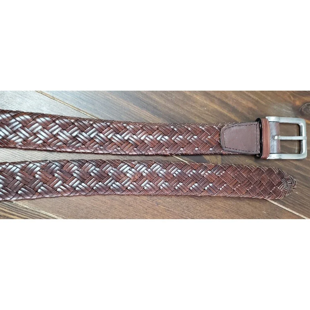 Men's Braided Belt 40 Brown All Leather Woven Braided Brass Buckle Dress Work